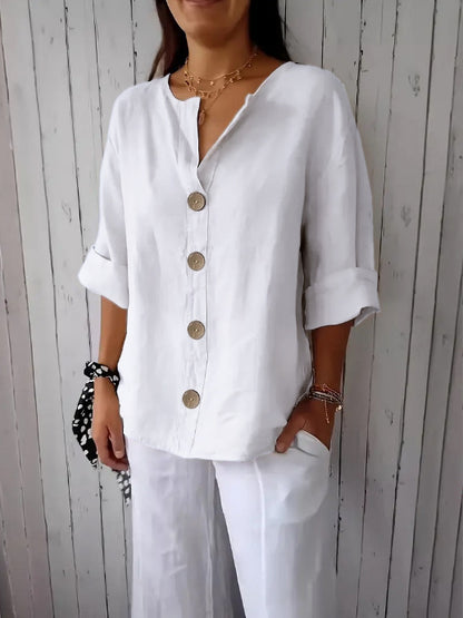 Summer New Loose T-shirt Women's V-neck Solid Color Button Three-quarters Sleeve Top