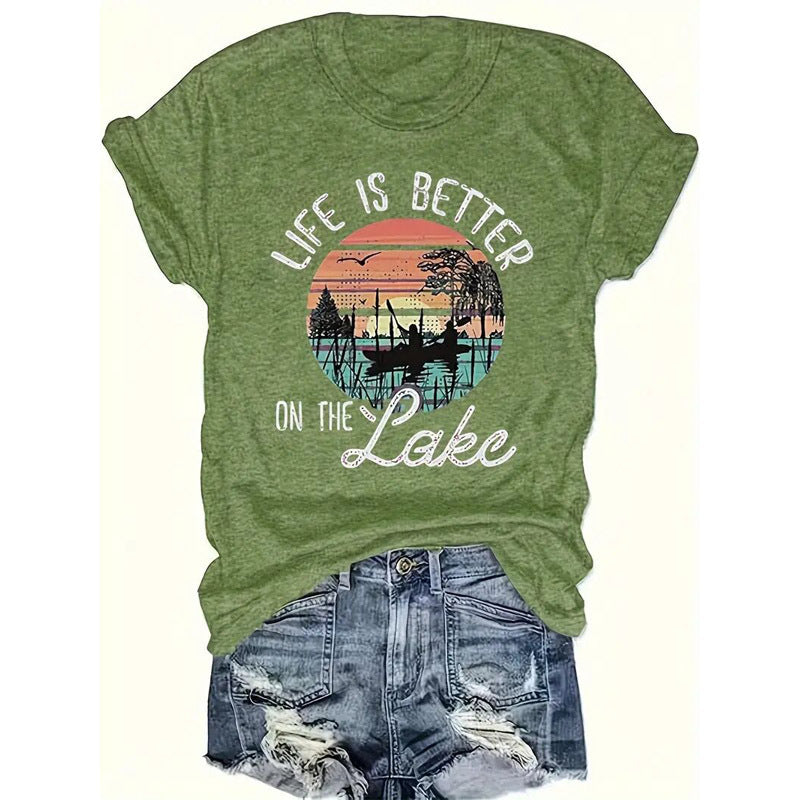 Women's Lakeside Rowing Scene Print Short Sleeve T-Shirt Casual Crew Neck Summer Top