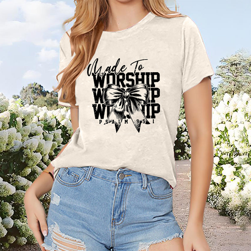Women's Casual Round Neck T-Shirt, Printed With 'WORSHIP' And Bowknot Spring Summer Fashion Top