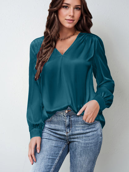 Satin Pleated Long-sleeved Top V-neck Casual Loose Shirt