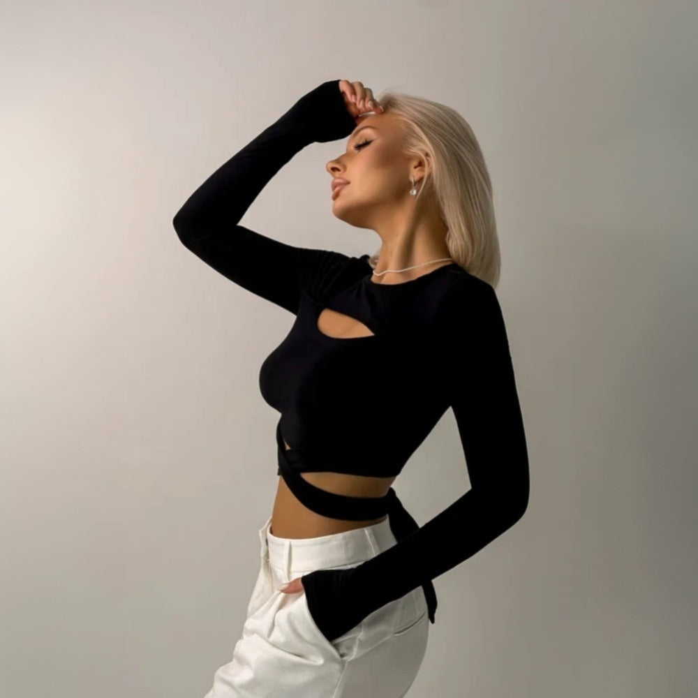 Women's Slim Fit Crop-top Short Top Hollow Out Strap Round Neck T-shirt