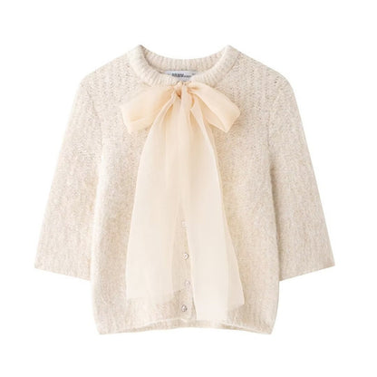 Transparent Organza Bowknot Decoration Short-sleeved Sweater