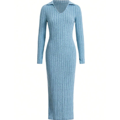 Women's Knitted Slim Lapel Long Sleeve Dress
