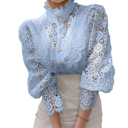 Elegant Women's Vintage Pearl Button Lace Blouse - Puff Sleeve Semi-Sheer Ruffled Stand Collar Shirt Spring&Summer Office & Vacation Top - Ocean Vault