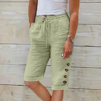 Summer Elastic Waist Solid Color Cotton Linen Wide Leg Pants
