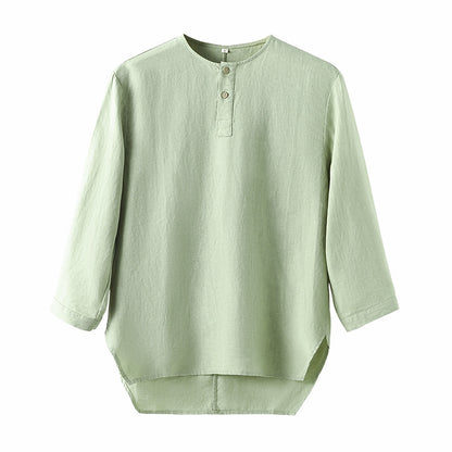 Casual Linen Men's Simple Round Neck 34 Sleeves Linen T-shirt Loose Breathable Top