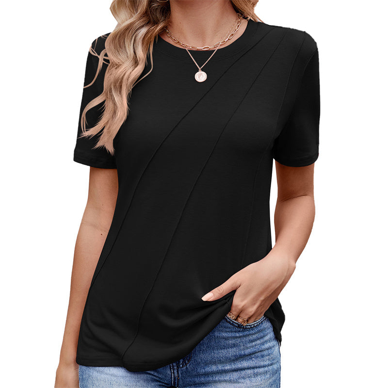 Women's Pleated Blouse - Short Sleeve Crew Neck Top Business Casual Loose Fit Shirt