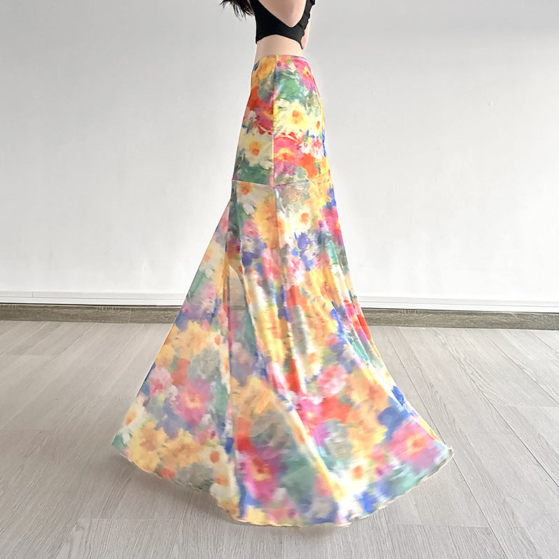 Island Oil Painting Style Blooming Printed Mesh Skirt