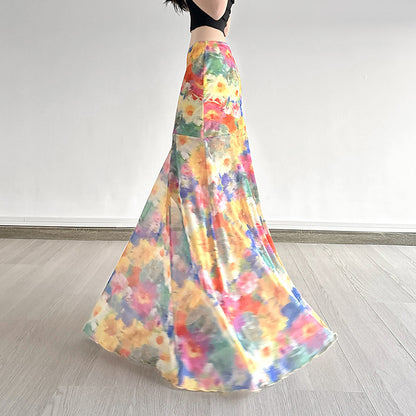 Island Oil Painting Style Blooming Printed Mesh Skirt