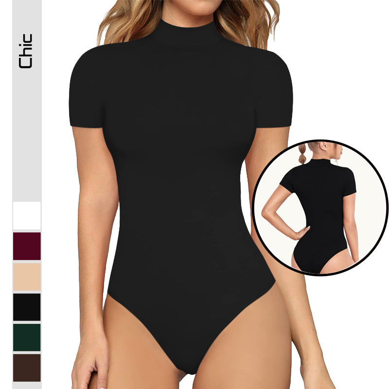 Sexy Solid Color Turtleneck Short Sleeve Rompers Tight
