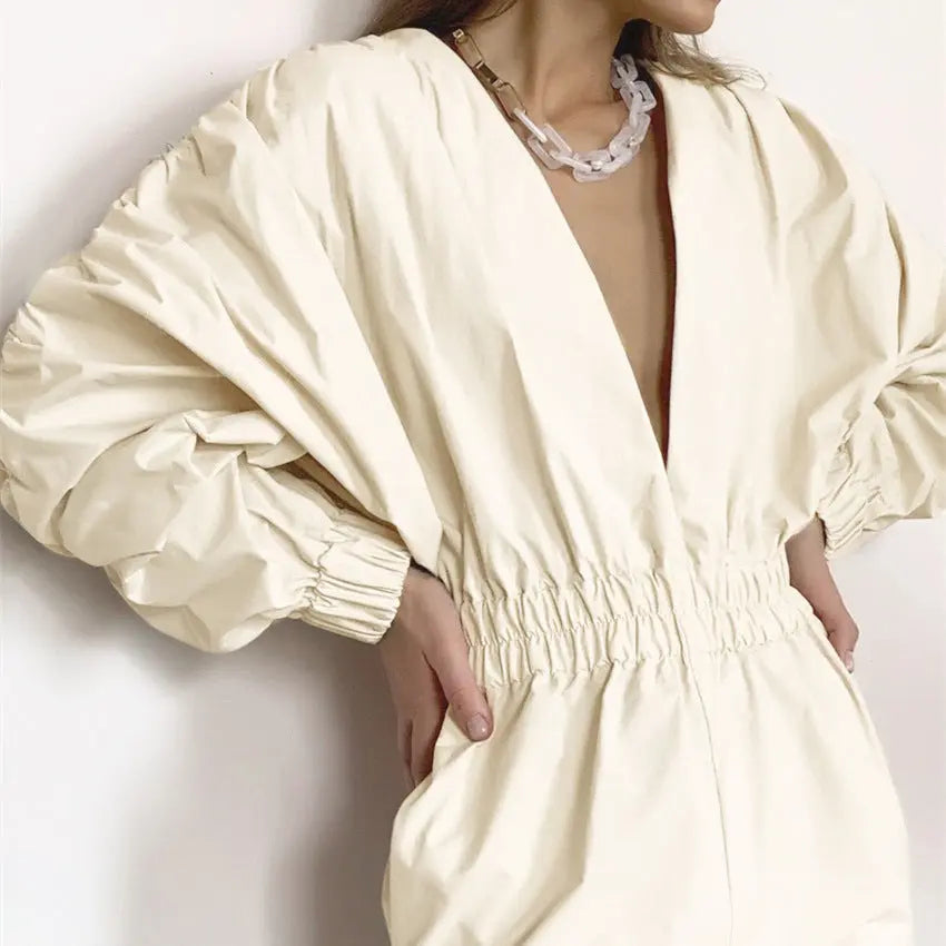 OOTN Women's V neck High Waist jumpsuits Straight Elastic Waist women rompers Lantern Sleeve jumpsuits sexy High Street bodysuit - Ocean Vault