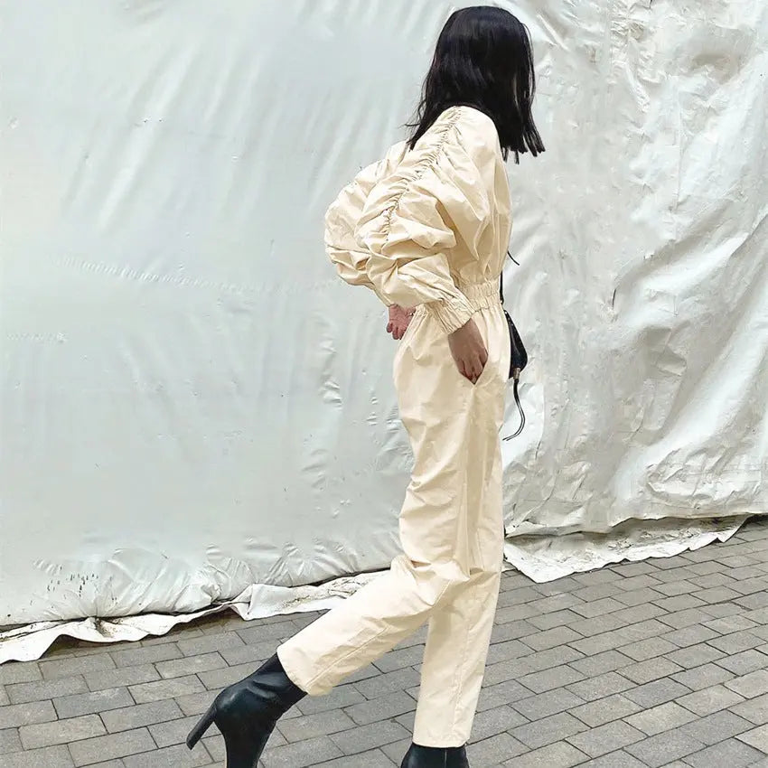 OOTN Women's V neck High Waist jumpsuits Straight Elastic Waist women rompers Lantern Sleeve jumpsuits sexy High Street bodysuit - Ocean Vault