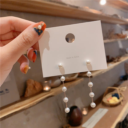 Long Pearl String Tassel Silver Earrings With Simple Personality