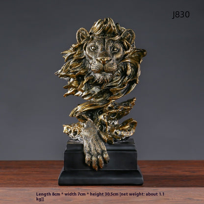 American Retro Animal Copper Lion Head Portrait Resin Craft Ornament Hallway Office Wine Cabinet Decoration