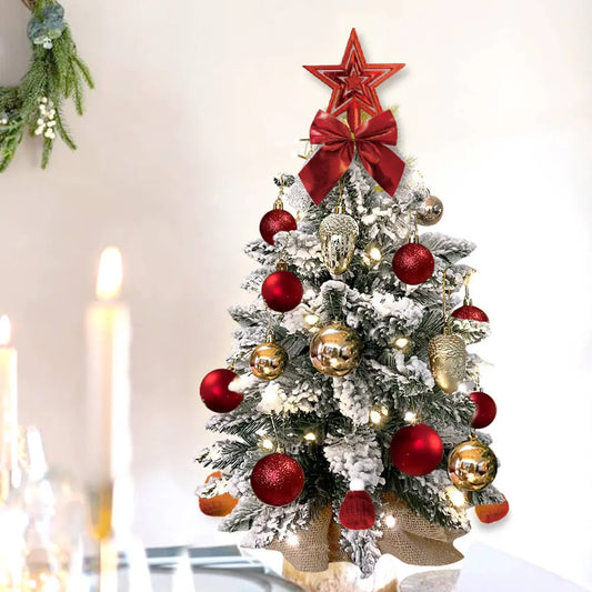 2ft Mini Christmas Tree With Light Artificial Small Tabletop Christmas Decoration With Flocked Snow, Exquisite Decor & Xmas Ornaments For Table Top For Home & Office - Ocean Vault