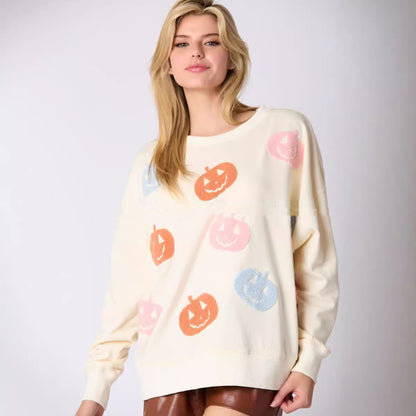 Women's Halloween Pumpkin Embroidered Sweater Loose Casual Top
