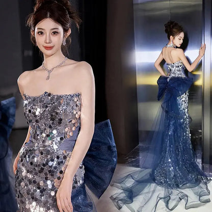 Shiny Silver Waist-tight Fishtail Tube Top Dress - Ocean Vault