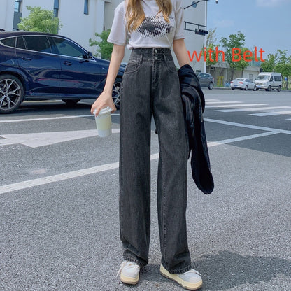 Women's High Waist Straight Loose Slimming Small Wide Leg Jeans