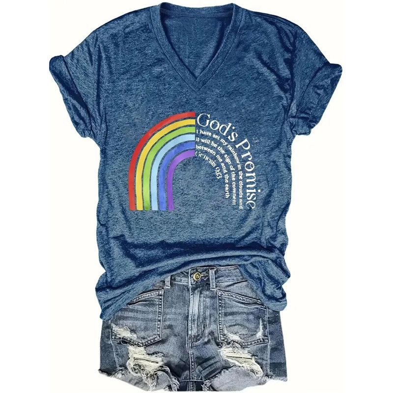 Women's Rainbow Letter Pattern V-Neck T-Shirt Casual Short Sleeve Summer Top