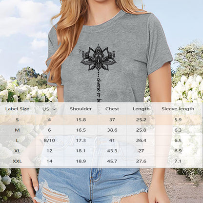 Women's Lotus Print Short Sleeve T-Shirt Casual Crew Neck Summer Top