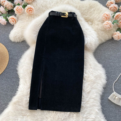 Early Autumn Hong Kong Style Retro Split Skirt Winter With Sweater Mid-length