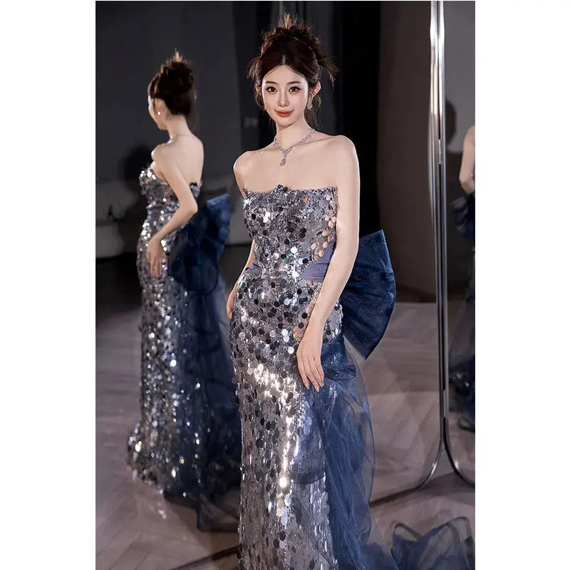 Shiny Silver Waist-tight Fishtail Tube Top Dress - Ocean Vault