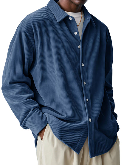 Men's Loose Trendy Long Sleeve Solid Color Polo Collar Shirt