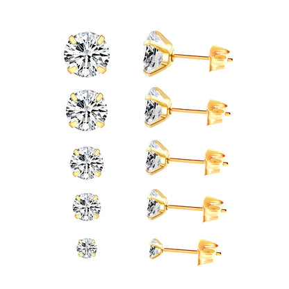 Simple Temperament Four-grab Round White Diamond Earrings Stainless Steel Fine Needle Earrings