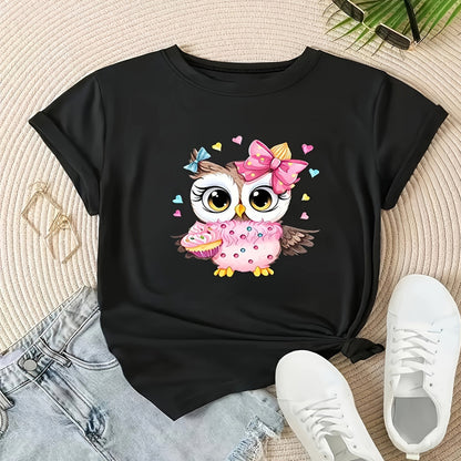 Women's Owl & Heart Print Round Neck T-Shirt Cute Casual Spring Summer Graphic Tee