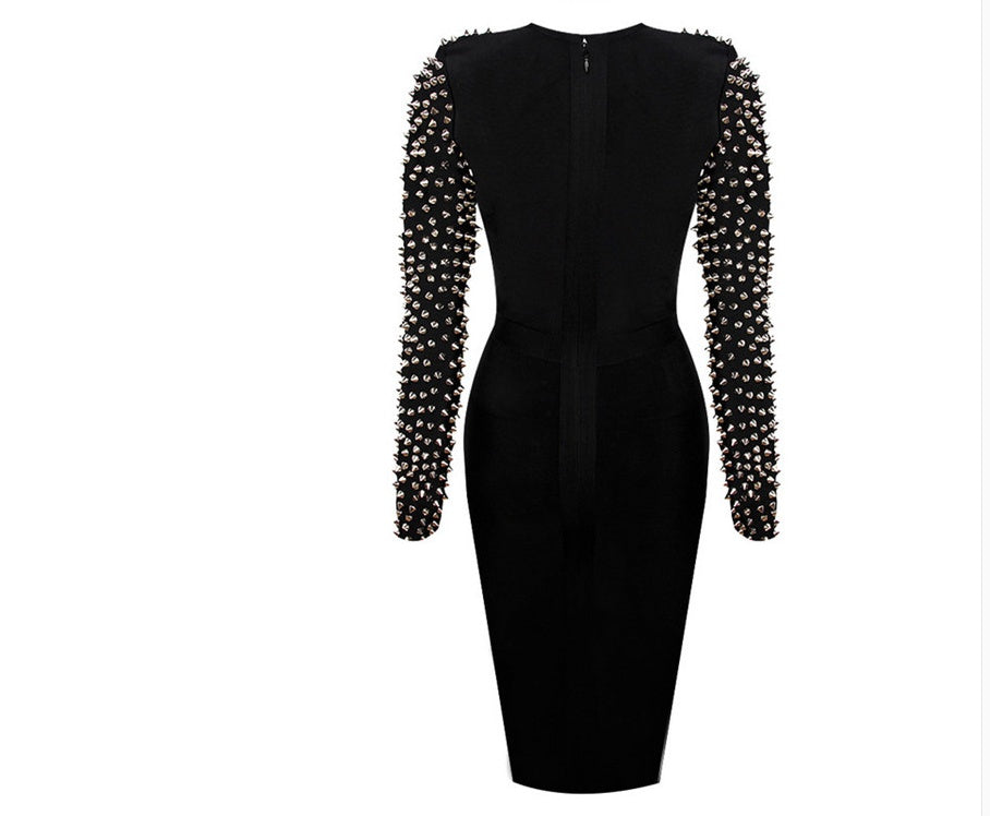 Black sexy deep V-neck fashion high-end anti-wolf point drill long-sleeved slim bandage dress
