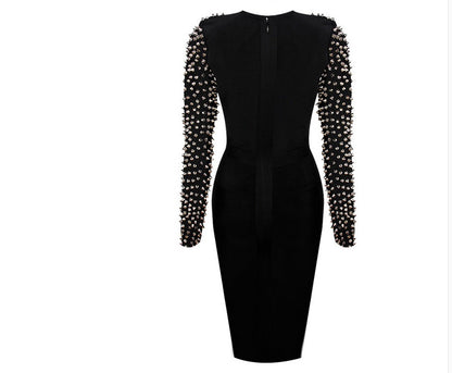 Black sexy deep V-neck fashion high-end anti-wolf point drill long-sleeved slim bandage dress