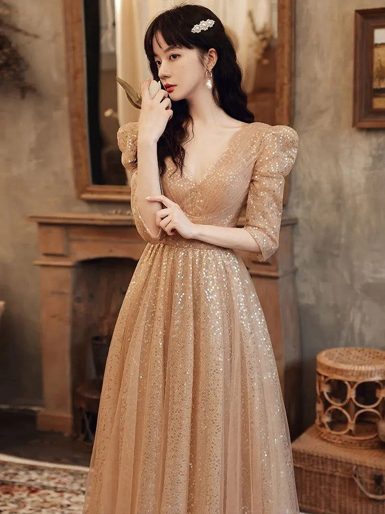 New Champagne V-neck Sequined Atmosphere Dress For Women - Ocean Vault