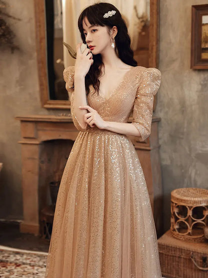 New Champagne V-neck Sequined Atmosphere Dress For Women - Ocean Vault