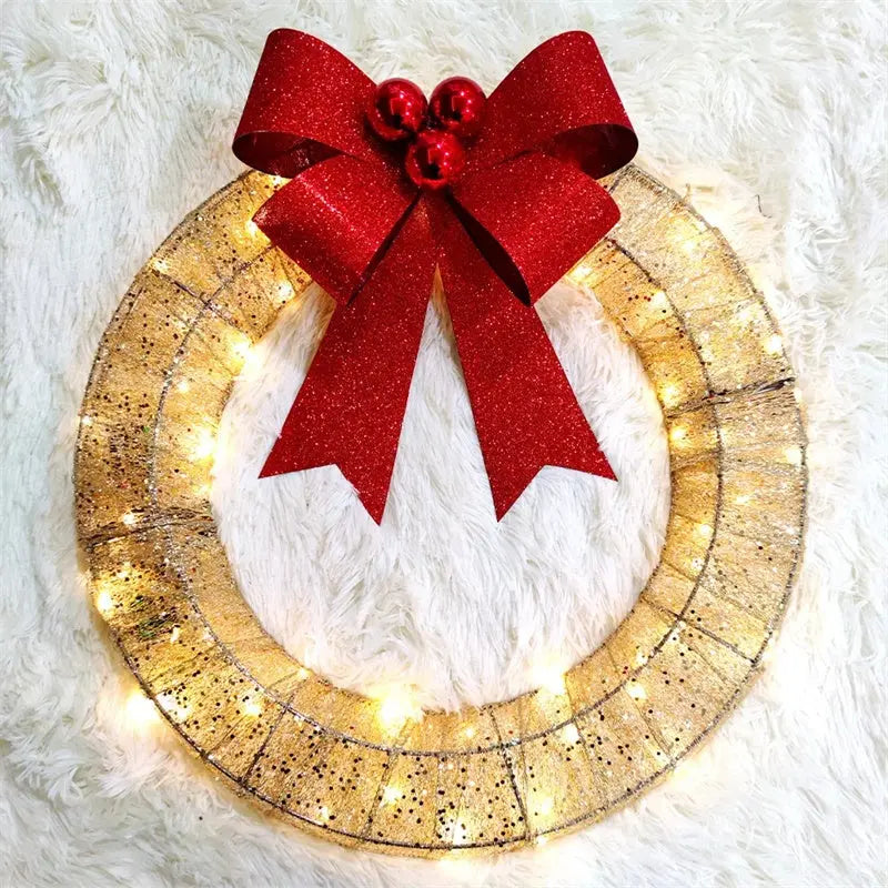 Christmas Garland 50CM Luminous LED Warm Light Metal Luminous Wreath With Big Bowknot Christmas Front Door Home Holiday Party Door Hanging Decor - Ocean Vault