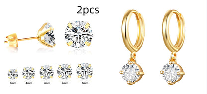 Simple Temperament Four-grab Round White Diamond Earrings Stainless Steel Fine Needle Earrings