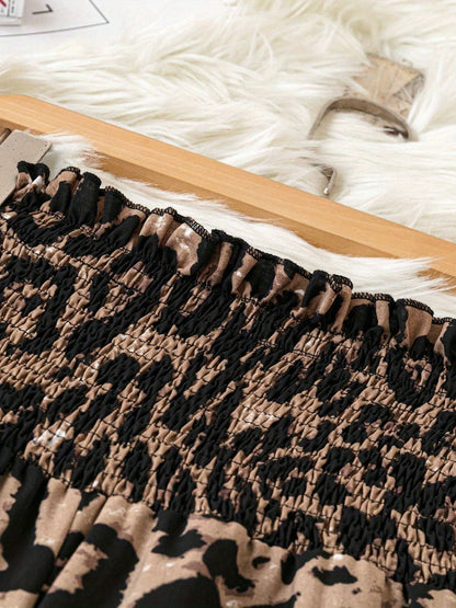 Women's Plus Size Leopard Print Wide-Leg Pants - Summer Casual Elastic Waist Long Trousers For Daily Wear