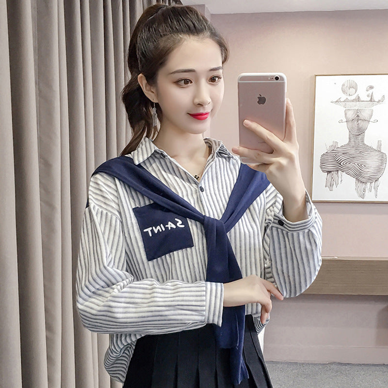 Shawl Stitching Fake Two Striped Long-sleeved Shirts