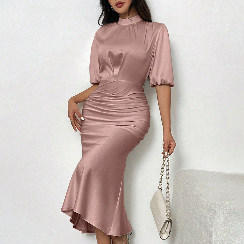 Women's Short Sleeve Mock Neck Ruched Party Dress