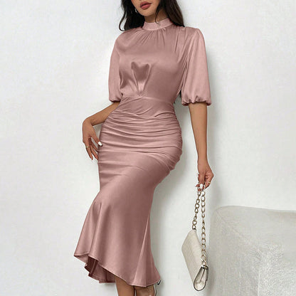 Women's Short Sleeve Mock Neck Ruched Party Dress