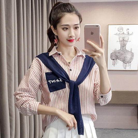 Shawl Stitching Fake Two Striped Long-sleeved Shirts