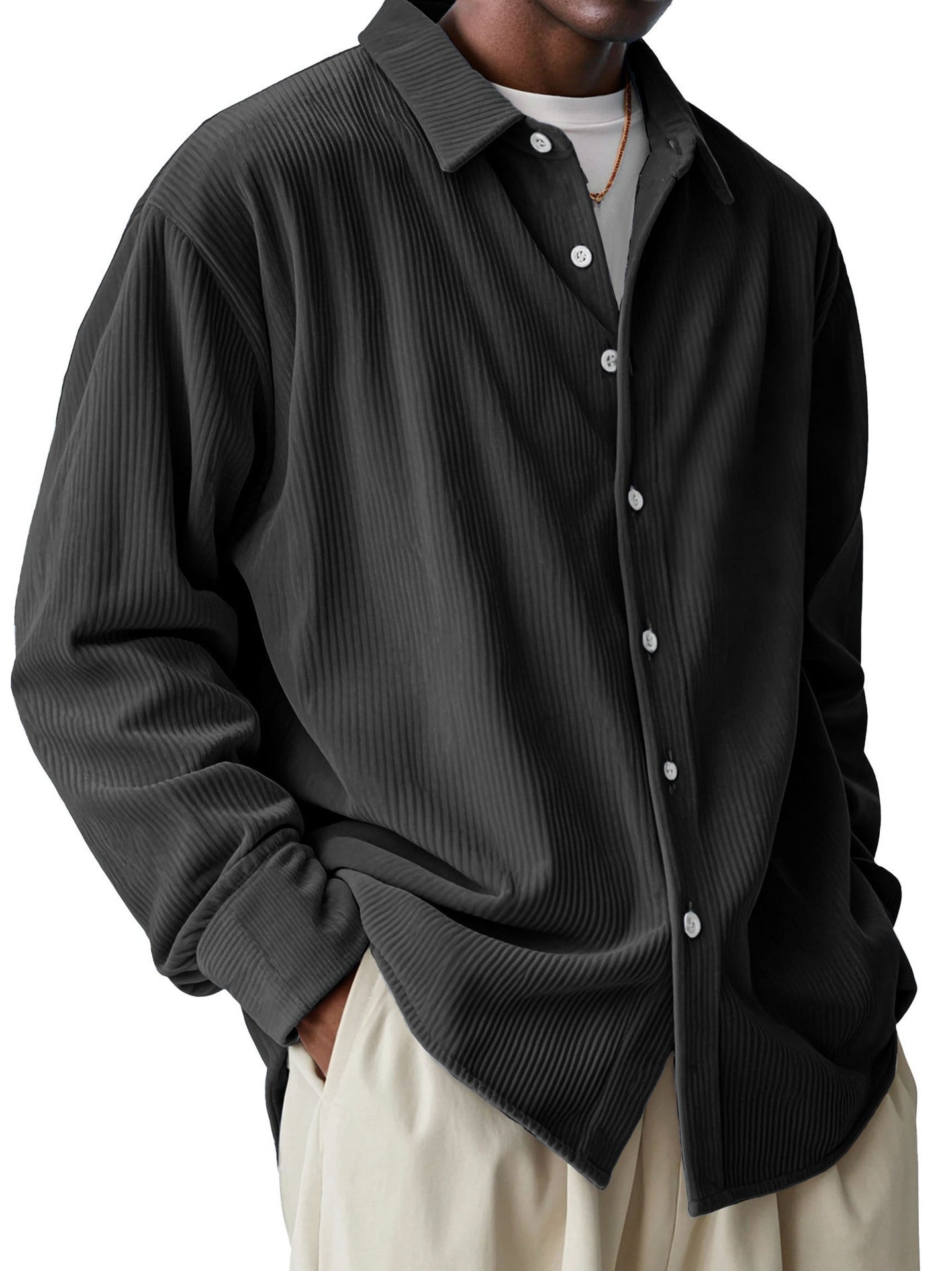 Men's Loose Trendy Long Sleeve Solid Color Polo Collar Shirt