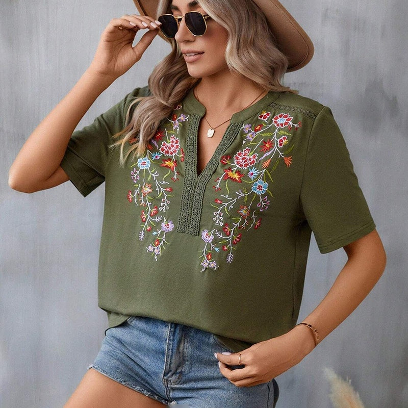 Women's Elegant V-Neck Floral Embroidery Lace Trim Short Sleeve Blouse Summer Casual Top