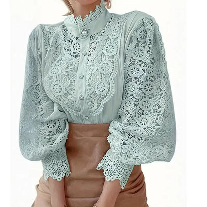Elegant Women's Vintage Pearl Button Lace Blouse - Puff Sleeve Semi-Sheer Ruffled Stand Collar Shirt Spring&Summer Office & Vacation Top - Ocean Vault