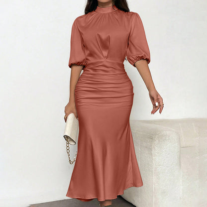Women's Short Sleeve Mock Neck Ruched Party Dress