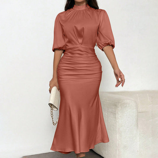 Women's Short Sleeve Mock Neck Ruched Party Dress