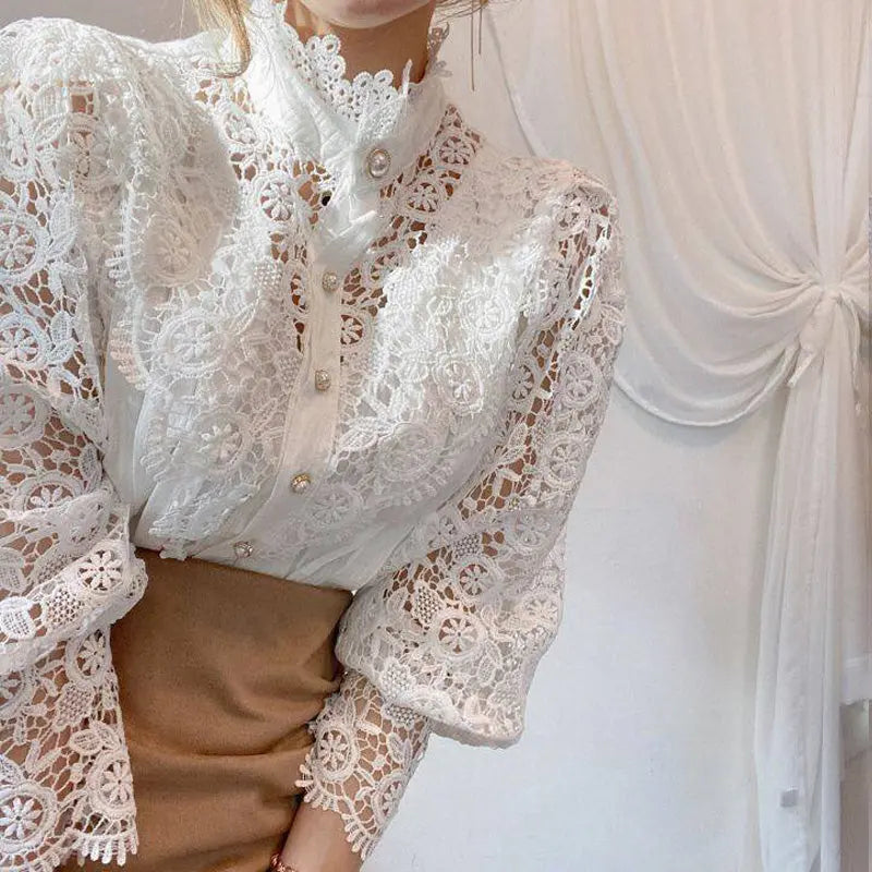 Elegant Women's Vintage Pearl Button Lace Blouse - Puff Sleeve Semi-Sheer Ruffled Stand Collar Shirt Spring&Summer Office & Vacation Top - Ocean Vault