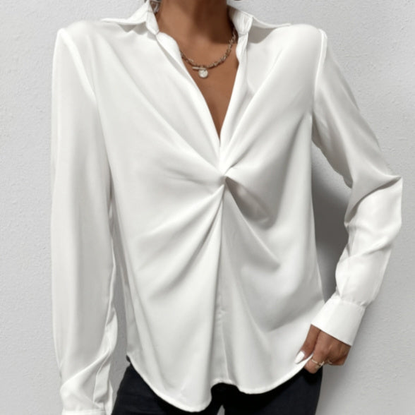 Ladies' Fashionable Solid Color Loose And Versatile Simple Korean Style Long Sleeved Slimming Personalized Top Shirt