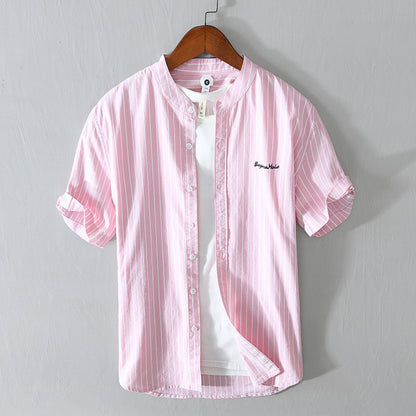 English Letter Stripes Short Sleeve Embroidered Shirt Men's Clothing