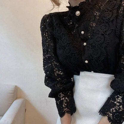 Elegant Women's Vintage Pearl Button Lace Blouse - Puff Sleeve Semi-Sheer Ruffled Stand Collar Shirt Spring&Summer Office & Vacation Top - Ocean Vault