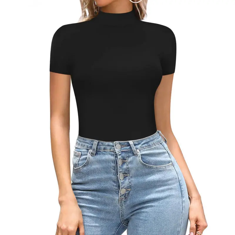 Sexy Solid Color Turtleneck Short Sleeve Rompers Tight - Ocean Vault